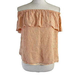 Lucky Brand Medium Pale Pink Ruffled Layered Top Embroidered Off The Shoulder